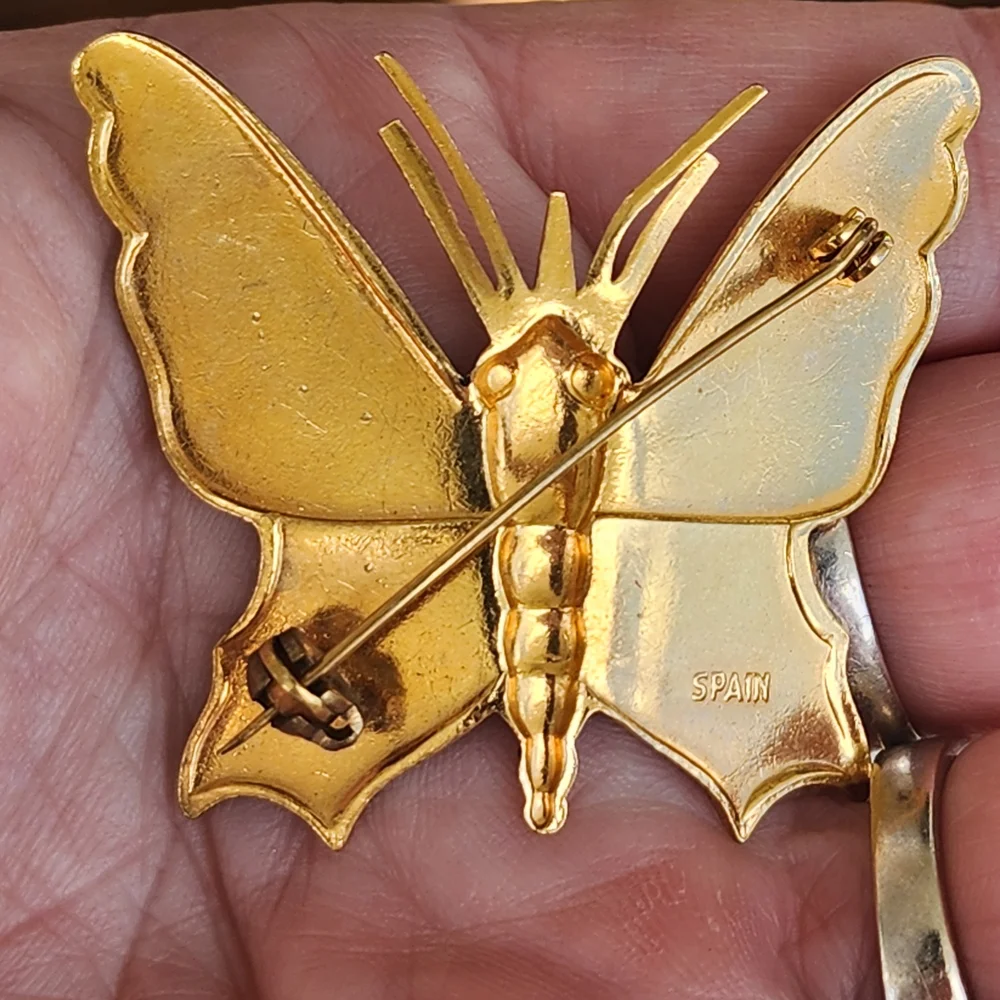 Elegant Vintage Gold and Green Damascene Butterfly Brooch Costume Jewelry - Picture 3 of 5